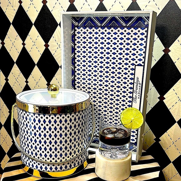 Blue & White Ice Bucket & Tray Set with Gold Trim | Bar Cart Glam - Picture 13 of 14